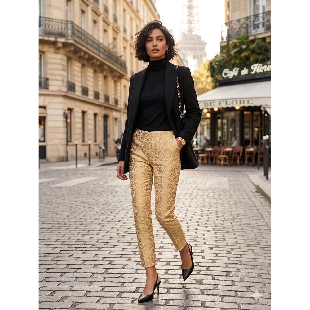 Frances Valentine Petrie Gold Floral Jacquard Brocade Pants Crop Slim Size 2 NEW
